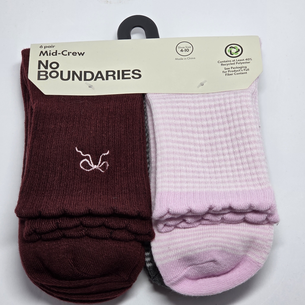 No‎ Boundaries Women's Mid-Crew Socks 6 Pairs Bow Multicolor Size 4-10